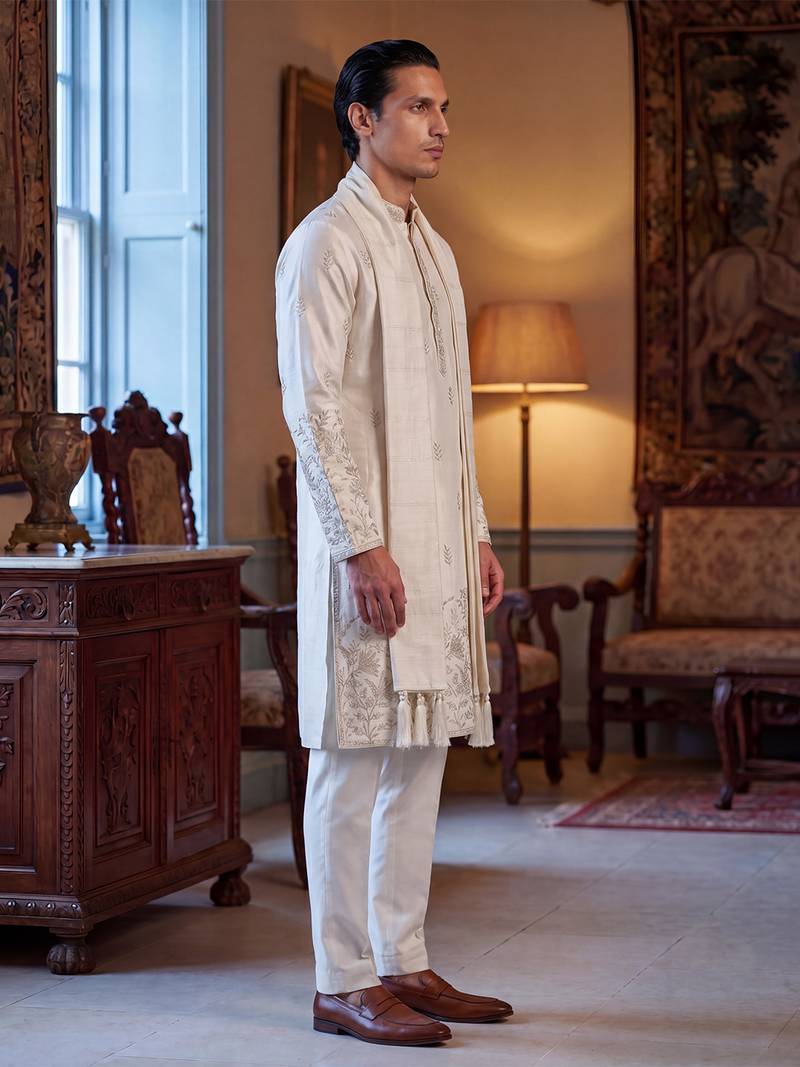 Men white silk blend floral embroidered straight kurta with dupatta