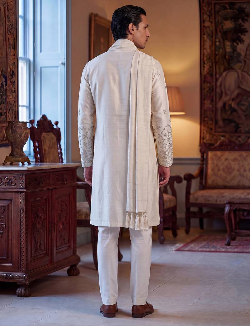 Men white silk blend floral embroidered straight kurta with dupatta