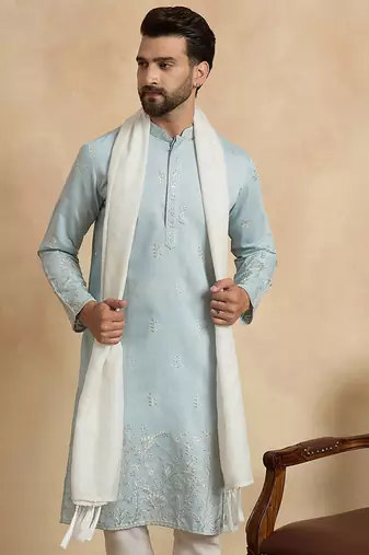 Men blue silk blend solid embroidered straight kurta with dupatta