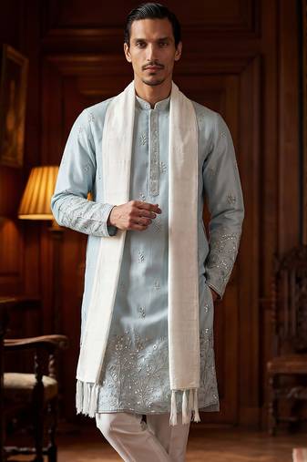 Men blue silk blend solid embroidered straight kurta with dupatta