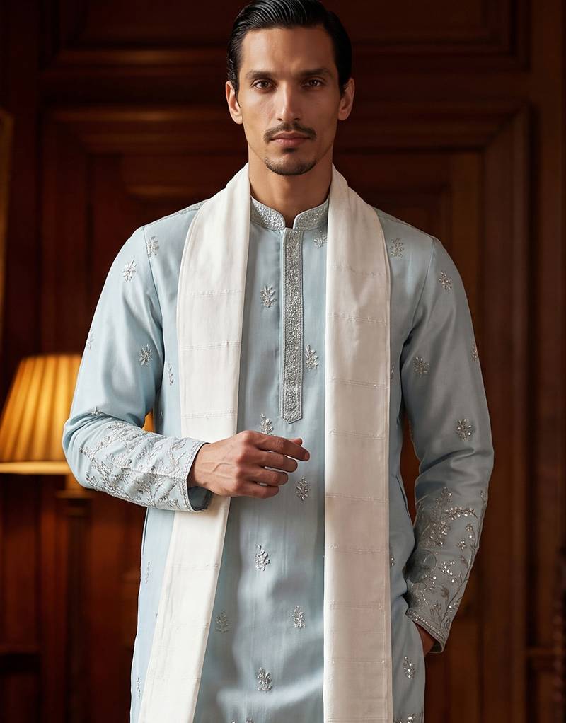 Men blue silk blend solid embroidered straight kurta with dupatta