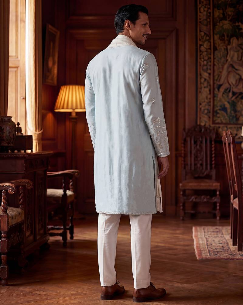 Men blue silk blend solid embroidered straight kurta with dupatta
