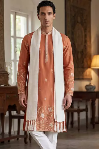 Men peach vartican solid embroidered straight kurta with dupatta