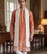 Men peach vartican solid embroidered straight kurta with dupatta
