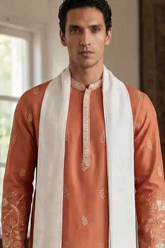 Men peach vartican solid embroidered straight kurta with dupatta
