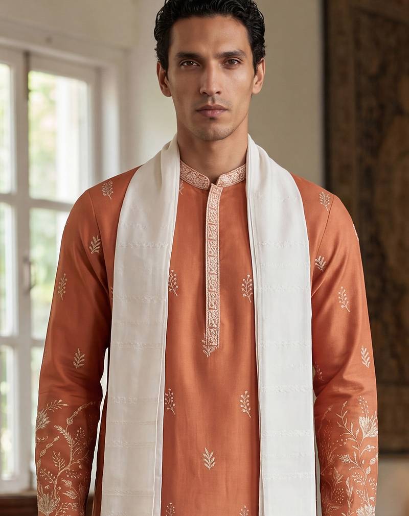 Men peach vartican solid embroidered straight kurta with dupatta