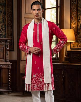 Men pink silk blend solid embroidered straight kurta with dupatta 1