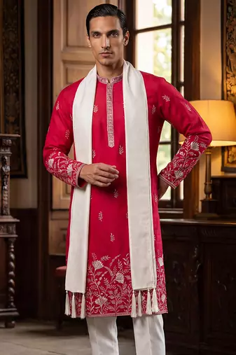 Men pink silk blend solid embroidered straight kurta with dupatta