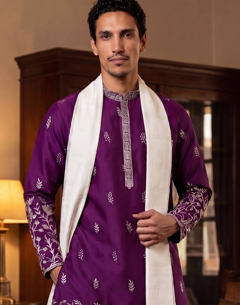 Men purple silk blend solid embroidered straight kurta with dupatta
