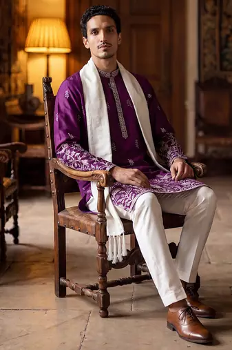 Men purple silk blend solid embroidered straight kurta with dupatta