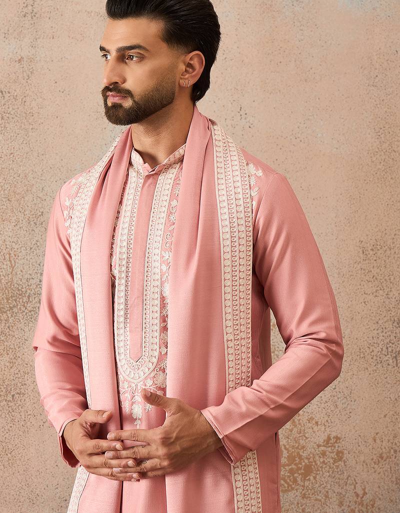 Men Pink silk blend solid embroidered straight kurta with dupatta