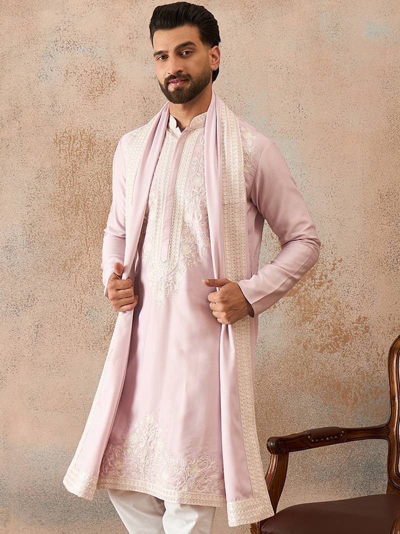 Men lavender silk blend solid embroidered straight kurta with dupatta