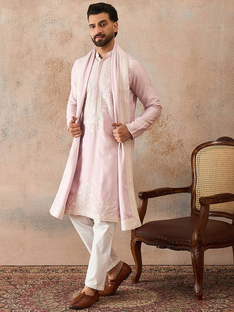Men lavender silk blend solid embroidered straight kurta with dupatta
