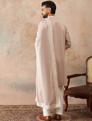 Men beige silk blend solid embroidered straight kurta with dupatta 4