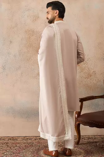 Men beige silk blend solid embroidered straight kurta with dupatta