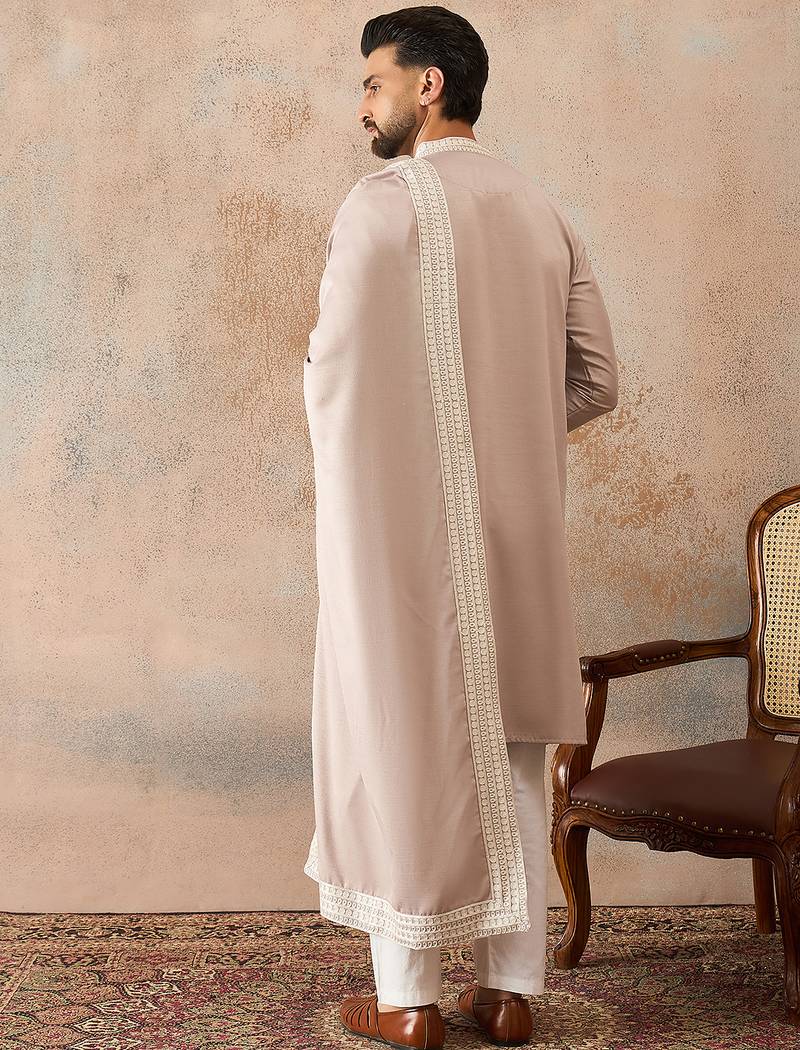 Men beige silk blend solid embroidered straight kurta with dupatta