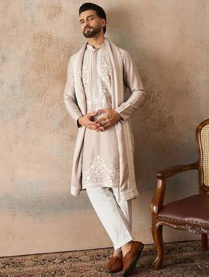 Men beige silk blend solid embroidered straight kurta with dupatta 5