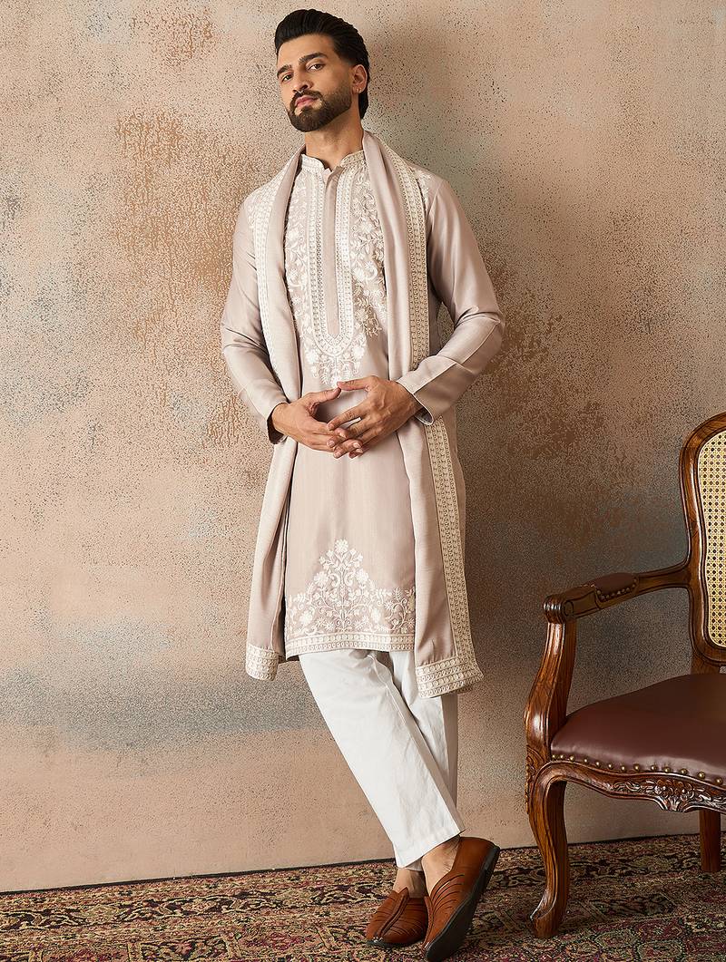 Men beige silk blend solid embroidered straight kurta with dupatta