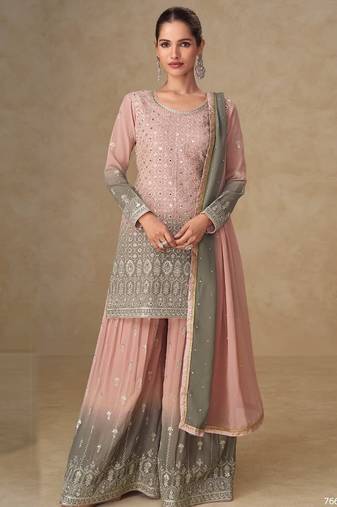 Pink and grey georgette sharara suit - free size 