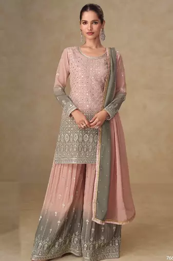 Pink and grey georgette sharara suit - free size 