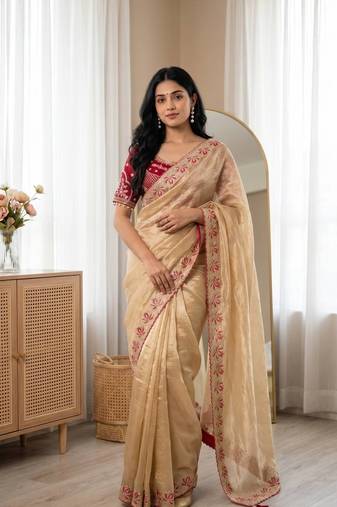 Cream Color Embroidery theard Work Satin Saree