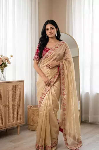 Cream Color Embroidery theard Work Satin Saree