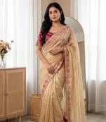 Cream Color Embroidery theard Work Satin Saree