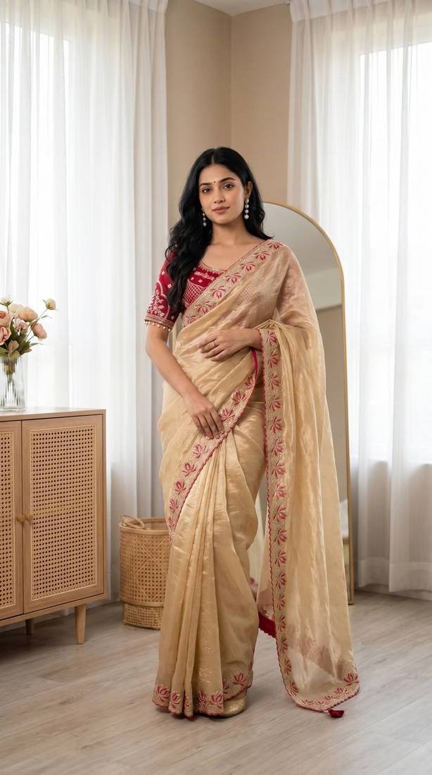Cream Color Embroidery theard Work Satin Saree