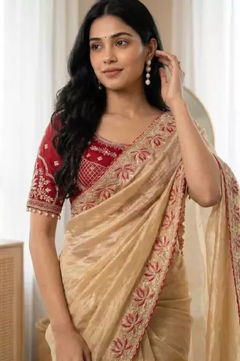 Blue Color Embroidery theard Work Satin Saree