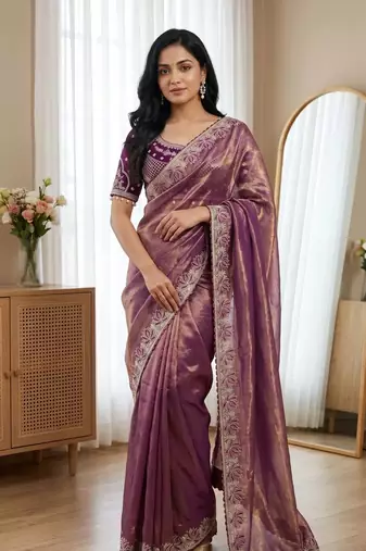 Purple Color Embroidery theard Work Sartin Saree