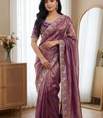 Purple Color Embroidery theard Work Sartin Saree