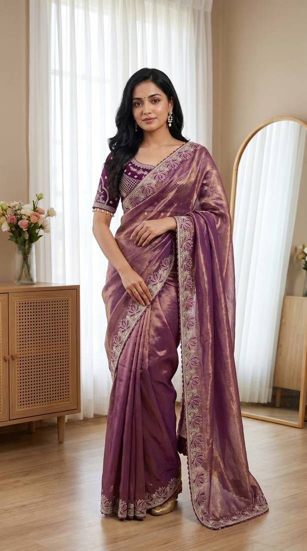 Purple Color Embroidery theard Work Sartin Saree