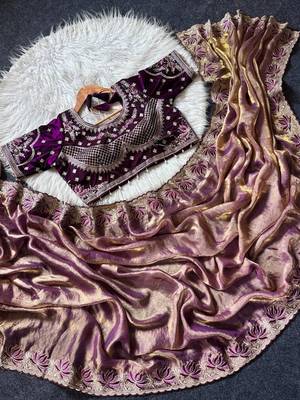 Purple Color Embroidery theard Work Sartin Saree 3