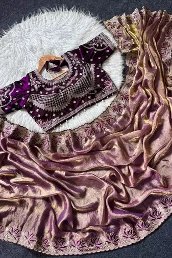 Purple Color Embroidery theard Work Sartin Saree