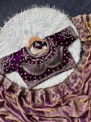 Purple Color Embroidery theard Work Sartin Saree 4