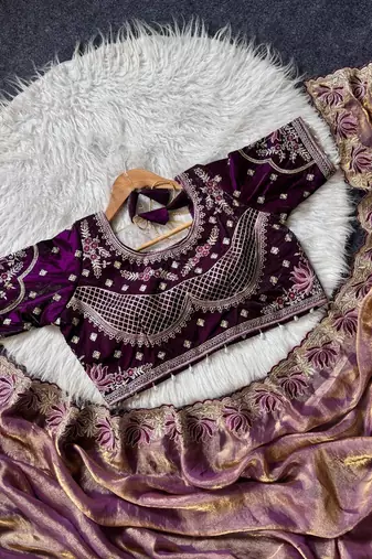 Purple Color Embroidery theard Work Sartin Saree