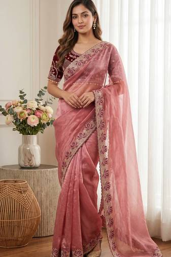 Light Pink Color Embroidery theard Work Sartin Saree