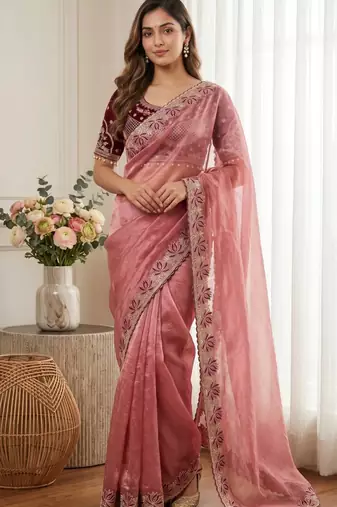 Light Pink Color Embroidery theard Work Sartin Saree