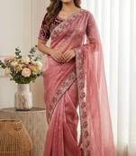 Light Pink Color Embroidery theard Work Sartin Saree