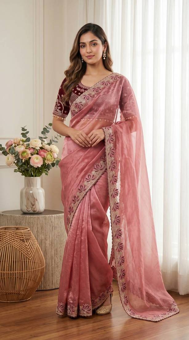 Light Pink Color Embroidery theard Work Sartin Saree