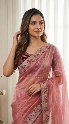 Light Pink Color Embroidery theard Work Sartin Saree 2