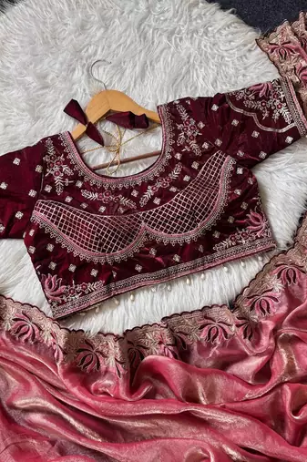 Light Pink Color Embroidery theard Work Sartin Saree