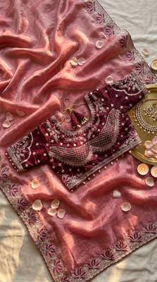 Light Pink Color Embroidery theard Work Sartin Saree 4