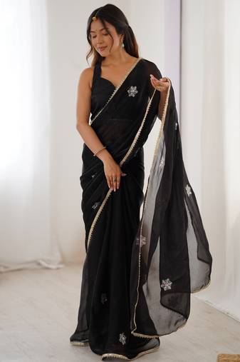 black designer fandy saree with moti & sequin flower work