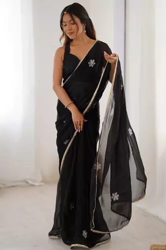 black designer fandy saree with moti & sequin flower work
