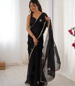 black designer fandy saree with moti & sequin flower work