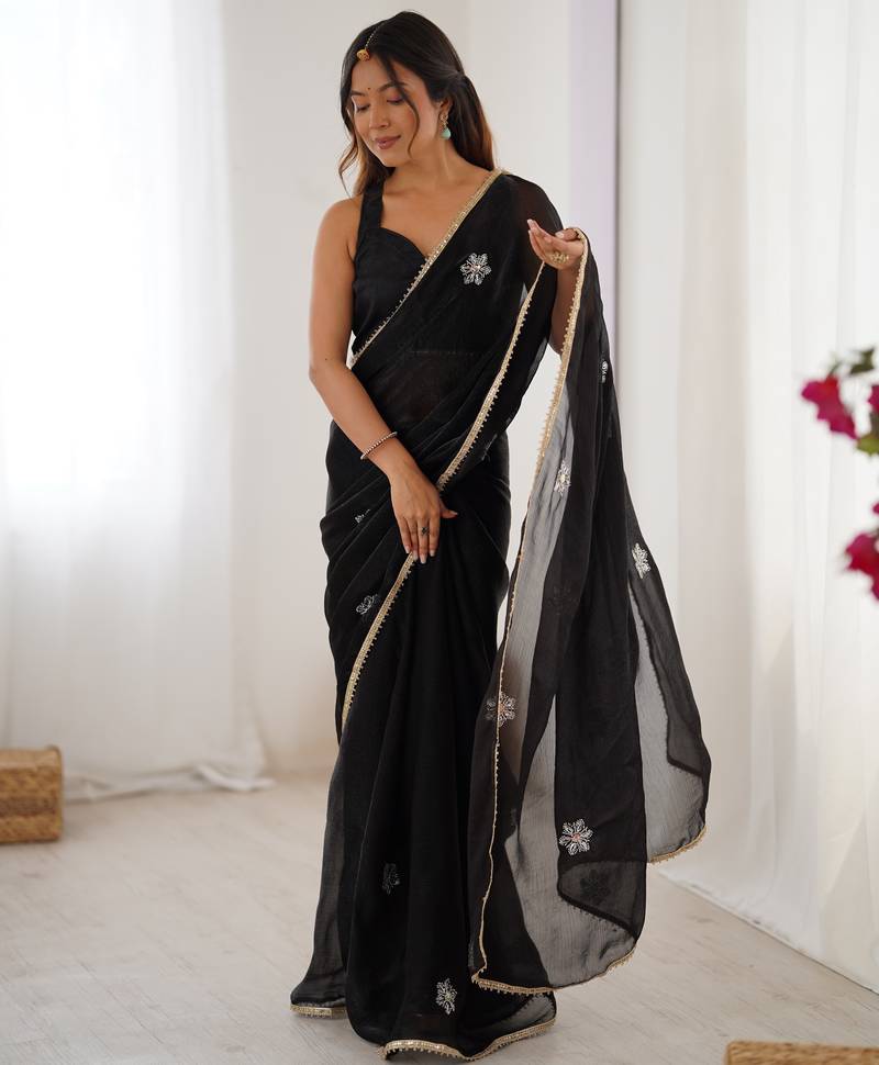 black designer fandy saree with moti & sequin flower work