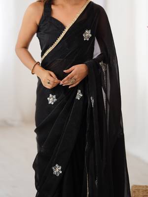 black designer fandy saree with moti & sequin flower work 2
