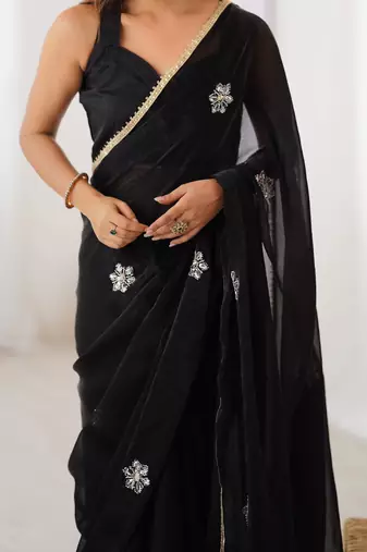 black designer fandy saree with moti & sequin flower work