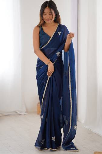 teal blue designer fandy saree with moti & sequin flower work